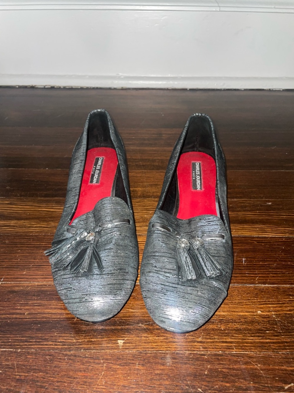 Charles Jourdan Metallic Black Tassel Flats